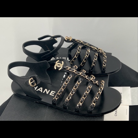 CHANEL 2023 interlocking CC logo gladiator open toe black sandals size 38 w/box - Picture 12 of 16